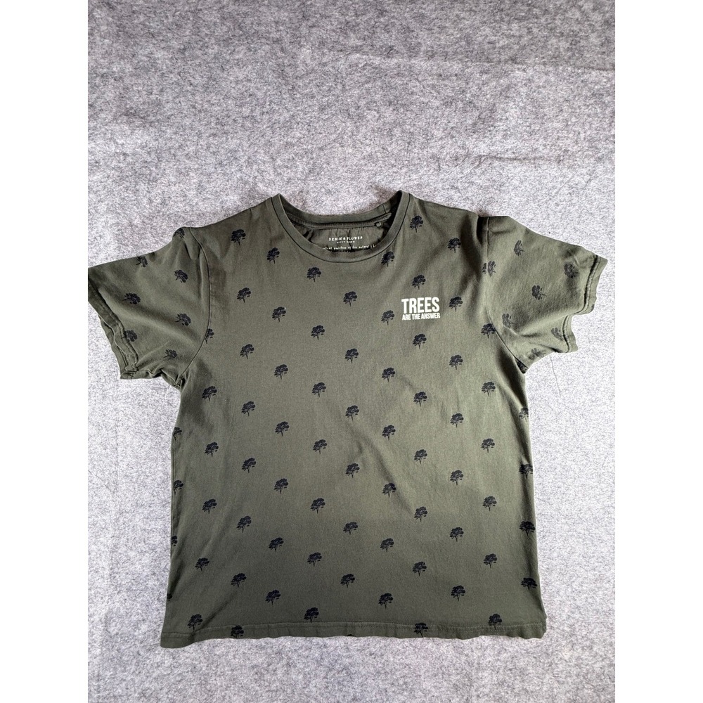 Denim & Flower - "Trees Are The Answer"Olive Green Graphic Print‎ Tee Womens XL